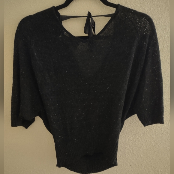 LOFT Black and Sparkle Dolman Sleeve Short Sleeved Sweater with Tie Accent Sz. S - Picture 5 of 5